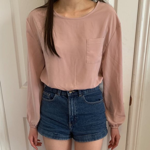 Cropped blush elastic hem bottom longsleeve top - Picture 1 of 3